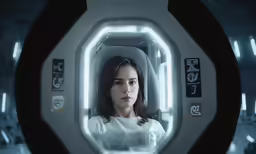 a woman looks into a futuristic window that reflects her image