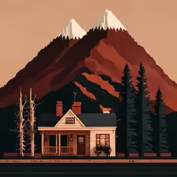 the picture of a small house near a mountain is shown