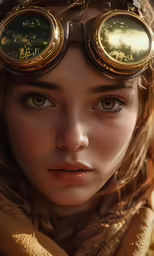 a woman wearing aviator gear has an odd look