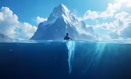 the image depicts a man on his surfboard in a mountain scene