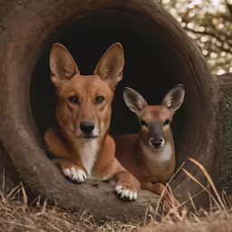 two young kangarooos sitting in a hollow shaped log