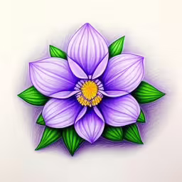 the drawing of a purple flower has green leaves,colored pencil drawing of a purple flower with green leaves on it,a blue flower with green leaves in its center,a flower with leaves on the tip of it,a drawing of a purple flower with leaves