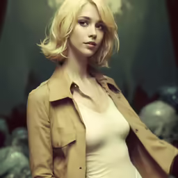 a girl is dressed in a tan outfit
