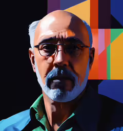 an artistic painting of an old man in sunglasses,a man wearing glasses is next to a multi colored wall