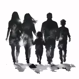 black and white silhouettes of family walking across snow