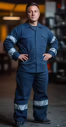 man wearing blue workwear in the garage