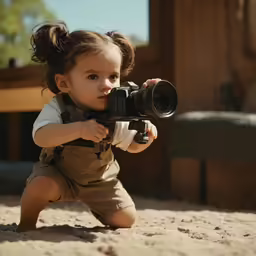 a toddler on the ground holding a camera