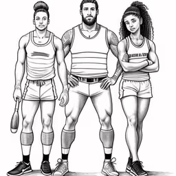 three people in sports clothing one is black and the other white,two women and a man standing together and looking at the camera,three people with different types of sports uniforms and socks,three athletes standing with their arms crossed,a drawing of three women wearing boxers