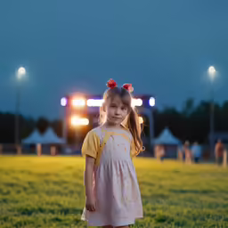 a girl standing on grass looking to her left