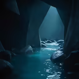 an empty stream runs through a cave into the water