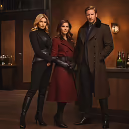 a beautiful blond haired woman standing with two men