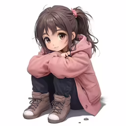 a girl sitting on the ground in front of a white background