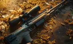 a rifle on the ground with some petals of wood