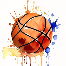 watercolor painting of a basketball in red and orange,a painting of a basketball ball and paint splatters