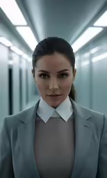 an attractive woman in suit standing in a long hallway