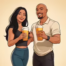 an animated character shows a woman holding two mugs of beer while a bald man holds the mug
