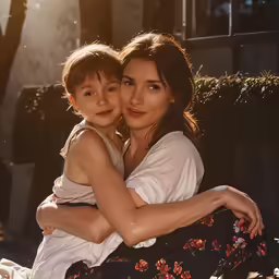 a woman hugging her young child and sitting in a chair