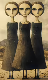 three women are standing in front of an alien head