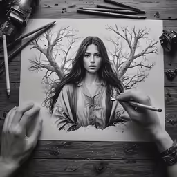 two hands holding a pencil, and drawing a portrait