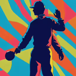 man in baseball uniform holding a ball and a glove,a silhouette image with an abstract background