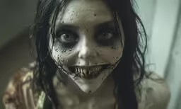 a woman with white paint and black eyes with creepy makeup