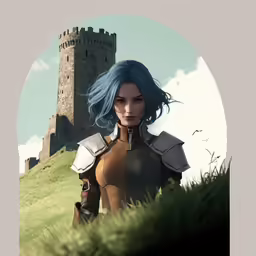 an art print of an animated female with blue hair in front of a castle