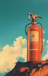 an orange fire extinguisher on a large rock against a blue cloudy sky