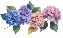 three pink, blue and green flowers in a row