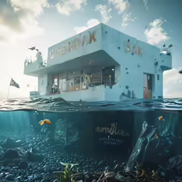 an underwater photo shows a bar with a big sign on top