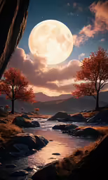 an artwork of a river that is surrounded by trees