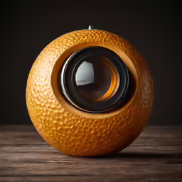 an orange with a lens inside it on a table