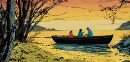 a man and two women on a boat in a river,three people in a boat out on a lake at sunset