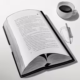 an open book on a desk with a coffee cup and a pen