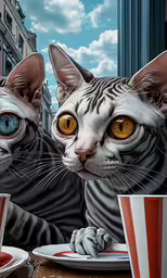 two white cats staring at each other over plates