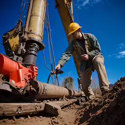 a man wearing a hard hat and construction gear working on pipes