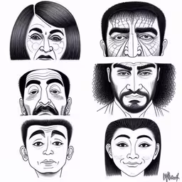 the faces of different people in various stages of facial,the art of line drawing faces,some people are showing different facial expressions,a line drawing shows facial expressions as well as individual images,four different people with face shapes and their faces