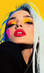 woman with bright makeup posing against yellow and pink