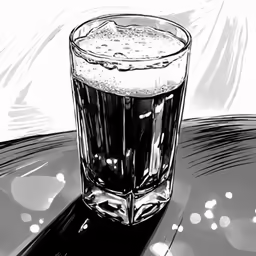 an ink drawing of a beer glass on a table