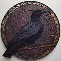 a black bird standing on a sticker sitting on top of a tree branch