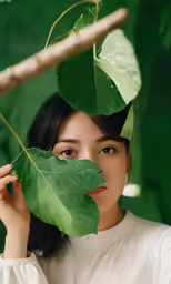 a woman is holding a large leaf