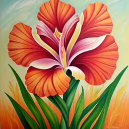painting with oil on canvas of flower,painting with a large red flower on a white backdrop,a painting of an orange flower in a vase,a picture of a flower in oil,a painting of a large flower with orange and pink colors