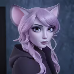 an animated cat head in a grey outfit with pink hair