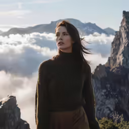 a woman looks at the sky over the clouds