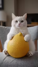white cat sitting on a chair and looking at the camera