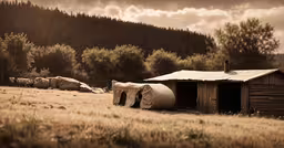 two old out houses in a grassy field,a grassy field with huts in it and a mountain in the background