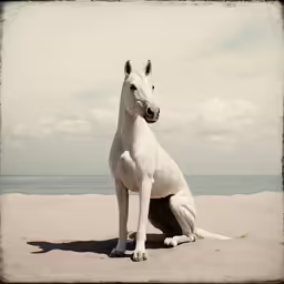 a white horse sitting on top of a sandy beach