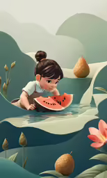a painting of a girl sitting on watermelon