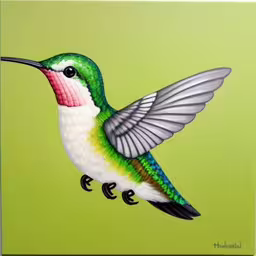 a painting of a humming bird that has landed,a painting of a hummingbird perched on a green background