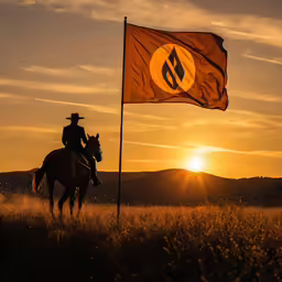 a person riding on the back of a horse holding a flag