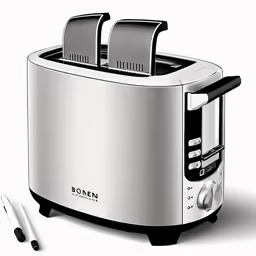 a silver toaster and two tongs on a white surface